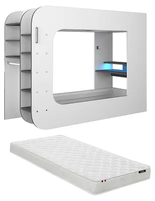 Produktbild von Mezzanine Spielbett 90 x 200 cm - Mit Schreibtisch und Stauraum - Mit LED-Beleuchtung - Weiß und anthrazit + Matratze - WARRIOR