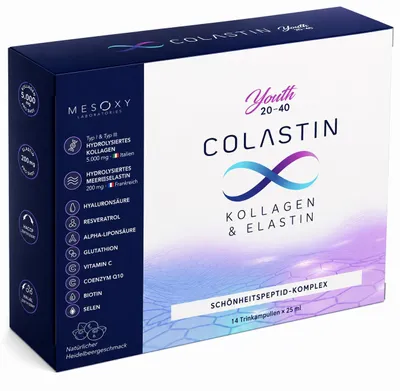 Produktbild von COLASTIN YOUTH Halal Koscher Premium Kollagen Kollagenpeptide, Elastin, Hyaluronsäure, Resveratrol & Glutathion | 14 Trinkampullen