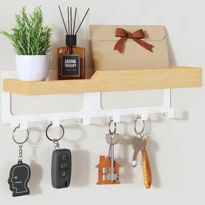 Imagen del producto de Panel de pared con estante, 6 ganchos, madera, organizador de pared para llaves
