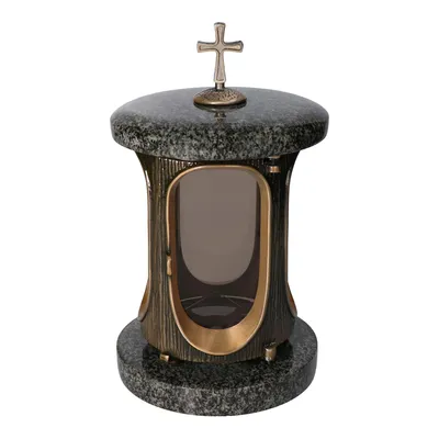 Produktbild von Grablaterne mit Kreuz Granit Impala Dunkel - Grablampe Grableuchte 28 cm