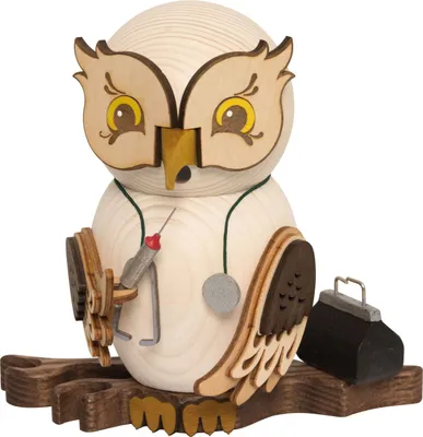Produktbild von Drechslerei Kuhnert - Räucherfigur Eule als Arzt - Größe ca. 15cm, für Räucherkerzen Größe M (Standard) - 37214