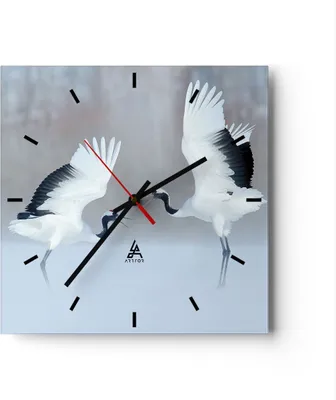 Produktbild von Wanduhr - Quadrat - Glasuhr - Kraniche kämpfen tanzen - 30x30cm - Schleichendes Uhrwerk - Lautlos - zum Aufhängen bereit - Dekoration Modern - Wanddekoration aus Glas - C3AC30x30-4497