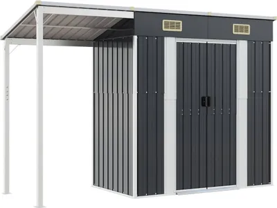 A dark gray metal garden shed with a white frame and a lean-to roof extension.