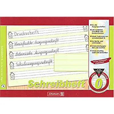 A close-up view of a children's writing practice notebook cover, showcasing different handwriting styles and a large '0' indicating the line ruling.