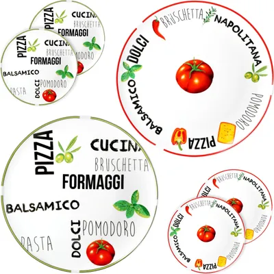 Produktbild von 6er Set Pizzateller Tomate | Weiß mit Dekor Grün & Rot Ø 31cm groß Teller für Pizzen