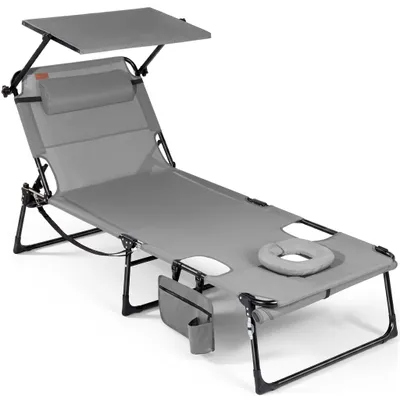 Produktbild von Sonnenliege klappbar mit Gesichtsaussparung – verstellbare Garten- und Campingliege bis 180 kg belastbar, hellgrau
