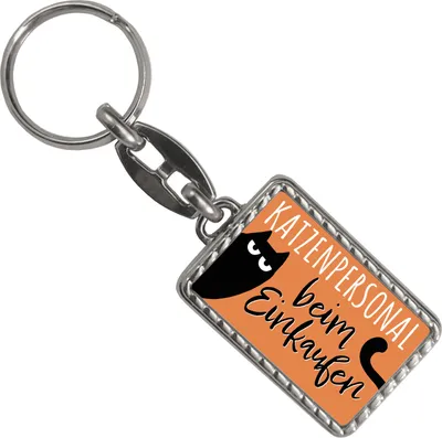 Produktbild von Katze Schlüsselanhänger mit Bordüre mit Spruch Katzenpersonal beim Einkaufen