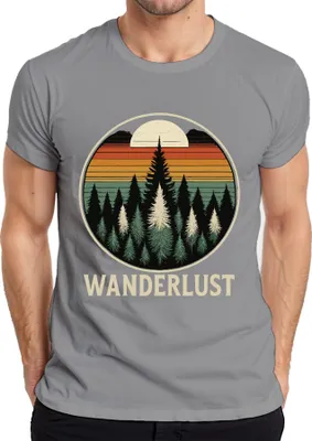 Zdjęcie produktu dla Koszulka męska Wanderlust Retro Sunset Forest Firs Camping Hiking, szary, XL