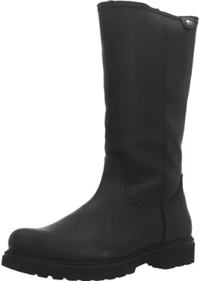 A black winter boot is shown against a white background.