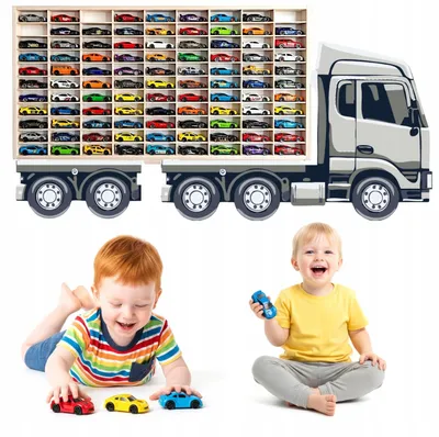 Modellauto-Regal für 80 Autos 1:64 – Wandregal & Setzkasten für Spielzeugautos, Lkw-Motiv, Weiß, Birken-Sperrholz – mit Modellautos an der Wand