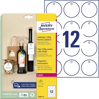 Image de AVERY Zweckform T2004-10 AVERY Zweckform Hängeetiketten weiß 60,0 x 60,0 mm blanko, kreisförmig, 120 St.