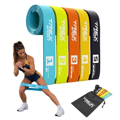 Produktbild von TREX SPORT Gymnastikband 5 Stück Set TX-005PBB Widerstandsband | Klimmzugband, Stoff Fitnessband, 2,5-25kg, 104cm lang, Türanker |Resistance Band Neon