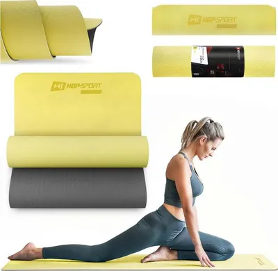 Produktbild von Hop-Sport Yogamatte HS-T006GM Gymnastikmatte für Pilates aus TPE ist rutschfest & faltbare Bodenmatte - 183 x 61 x 0,6 cm - gelb/grau