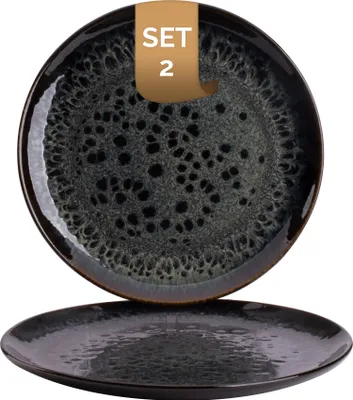 Produktbild von Palmer Eccentric flache Teller groß - 2er-Set, Steingut, Ø 28 cm, dunkelblau glänzend mit braunem Rand, organische Form, für Pizza, Menü oder als Servierteller, stapelbar, spülmaschinenfest