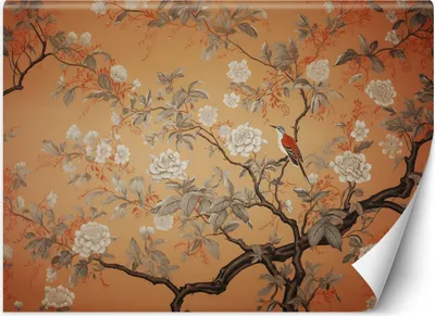 Zdjęcie produktu dla Fototapeta filzelinowa Ptak Drzewo Chinoiserie 300x210 cm Feeby Pomarańczowy klej w zestawie  łatwa w montażu