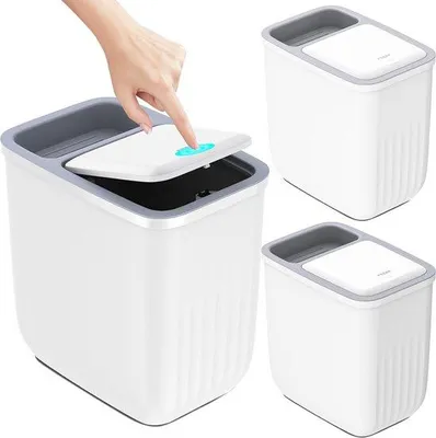 Immagine prodotto di Set di 3 mini contenitori per rifiuti da 7 litri con coperchio a scatto, in plastica, bianco/grigio, dimensioni 18,5 x 23,5 x 25,5 cm, ideali per bagno, cucina e ufficio