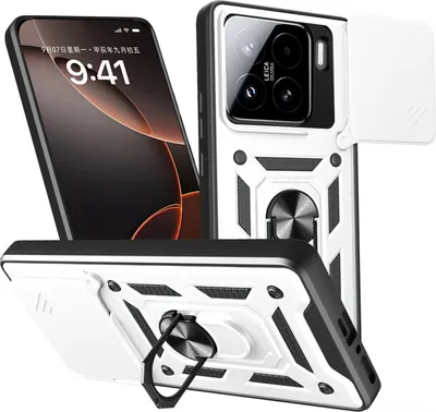 A product shot of a phone case with a phone inside, shown from multiple angles.
