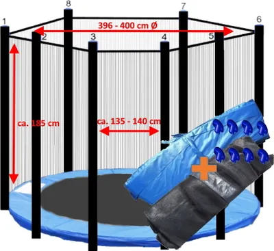 Produktbild von walexo Trampolin Randabdeckung + Sicherheitsnetz für 8 Stangensystem ( 396 cm Ø, Blau/Schwarz )
