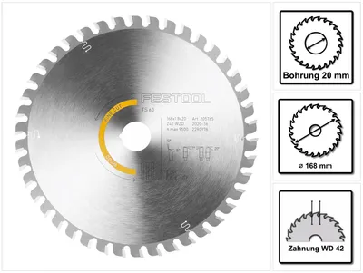 Productafbeelding van Festool cirkelzaagblad Hout fijngeslepen HW 168 x 1,8 x 20 WD42 ( 205765 ) voor TS 60 K, CSC-SYS 50