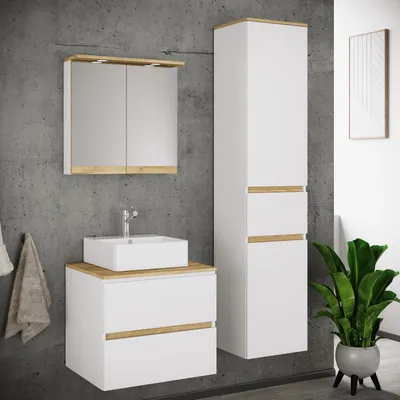 Produktbild von VCM 4-tlg. Waschtisch Set mit Keramikbecken, Badschrank mit 2 Softclose-Schubladen, Hochschrank, Spiegelschrank mit Beleuchtung und Steckdose, Maße Unterschrank H. 51 x B. 60 x T. 51 cm, Cosila-A