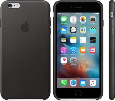 A black iPhone 6 Plus leather case is shown from the back, front, and side.