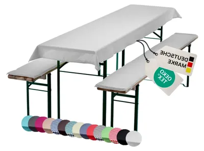 Produktbild von Bierbankauflagen Set 240x90 cm Weiß - 1 Tischdecke für 220x70 cm Biertische & 2 gepolsterte Auflagen für 220x25 cm Bierbänke - Sitzauflage für Bierzeltgarnitur