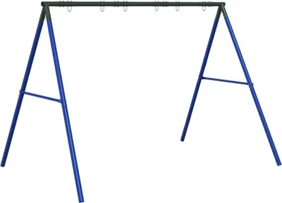 A blue and green metal swing set frame against a white background.