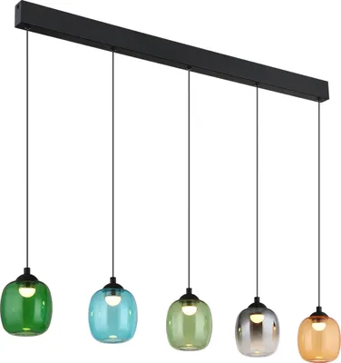 Produktbild von NOWA Hängeleuchte Metall schwarz matt, Glas, Acryl satiniert, Kabel PVC schwarz, mehrere Stufen über Wandschalter, Memoryfunktion, Höhe kürzbar, Glasfarben: je 1x dunkelgrün, rauchfarben, blau, hellgrün, orange, 3 Helligkeitsstufen zu schalten: 100% - 50% - 10%, LxBxH: 1020x120x1500mm, inkl. LED 27W 230V, 3300lm Source, 1900lm Output, 3000K
