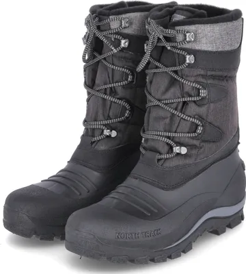 A pair of black winter boots with gray accents and laces, shown from the front on a white background.