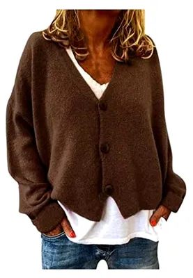 Produktbild von Strickjacke Damen V Ausschnitt Cardigan Elegant Einfarbig Kurz Strickmantel Pullover GroßE GrößEn Wintermantel Grobstrickjacke Herbst Winter Strickpullover Jacke mit Knopf