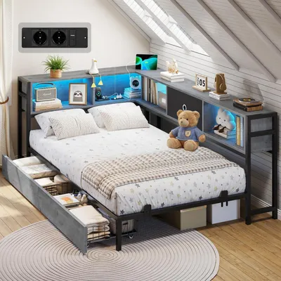 Zdjęcie produktu dla Sofa rozkładane 90x190 z podświetleniem LED i stacją ładowania, łóżko jednoosobowe z pojemnikiem na pościel, łóżko młodzieżowe 90x190 w kolorze dąb