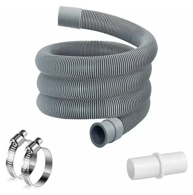 A coiled gray corrugated hose with two metal hose clamps and a white plastic hose connector.