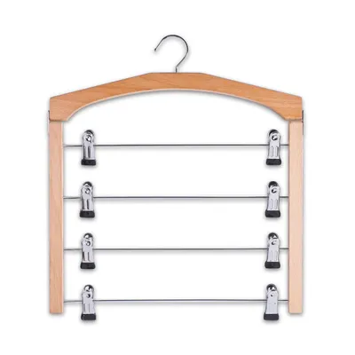 A wooden hanger with multiple metal bars and clips for hanging items.