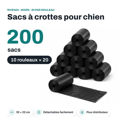 Image de RIVEN24 Sacs à crottes pour chien noirs, 200 sacs (10 rouleaux × 20), 30 × 22 cm, pour distributeur