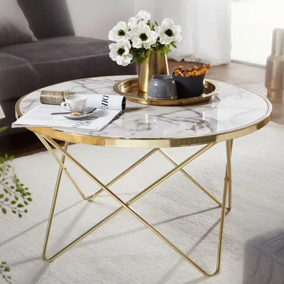 Produktbild von FineBuy Design Couchtisch Marmor Optik Weiß Ø 85 cm Gold Wohnzimmertisch Rund