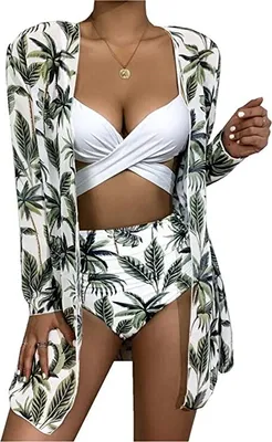 Produktbild von Damen y Crossover Gepolstert Push Up Bauchweg Rückenfrei Bikini-Set Badeanzug Dreiteiliger Anzug - S