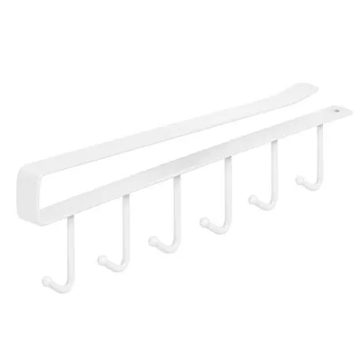 A white metal under-shelf organizer with six hooks, designed for kitchen use.