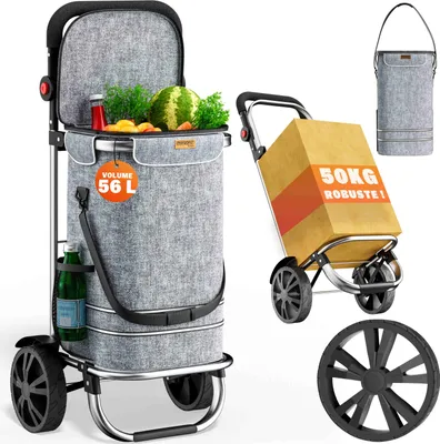 Image de MONZANA® Chariot de courses gris 56 litres 3en1 pliable compartiment isotherme poignée réglable bandes réfléchissantes