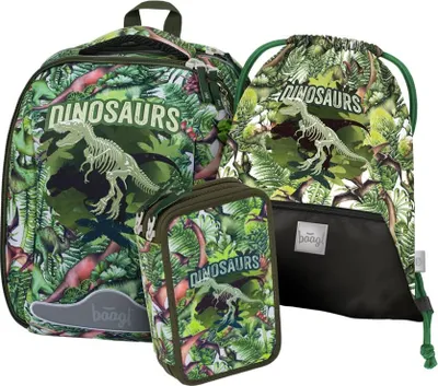 Image de Kit cartable garçon Baagl 3 pièces, Shelly sac d'école rigide à partir de la 1ère classe, cartable ergonomique pour l'école primaire avec ceinture pectorale (Dinosaures)