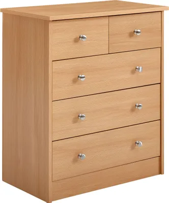 A light brown wooden chest of drawers with five drawers and silver knobs, shown from a three-quarter angle against a white background.