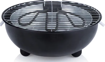 A black electric table grill with a silver grill grate and heating element, shown from a slightly elevated front-left angle on a white background.