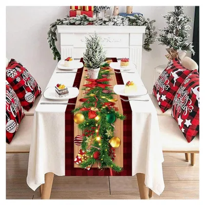 Produktbild von Weihnachtlicher Tischläufer, Rot Schwarz Karomuster & Beeren Girlande Tischwäsche, 3D Realistische Weihnachts Party Dekoration Waschbar Winter Gitter Tischdekoration Innen Außen Kariert, 35x180cm