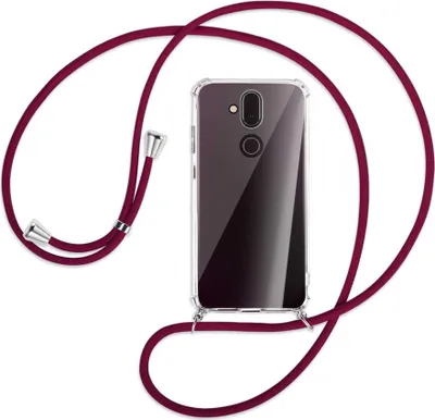 Produktbild von Handykette Backcover-Schutzhülle mit Band (Metall silberfarben) für Nokia 8.1 - dunkelrot