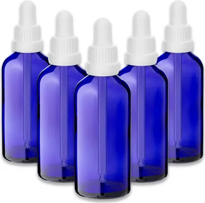 Produktbild von 5x Blaue Glasflasche 100 ml mit weißer Pipette Tropfen leer 18/415 Set
