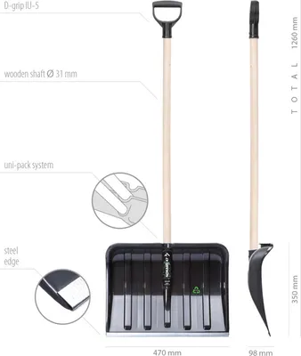 A diagram showing a snow shovel with various features labeled.