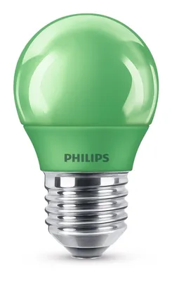 A single green Philips LED light bulb is shown against a white background.