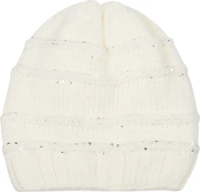 Produktbild von styleBREAKER Damen Strick Wintermütze mit Pailletten, Öffnung für Pferdeschwanz und Thermo-Fleece Futter, Beanie Mütze 04024177