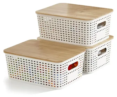 3er-Set Aufbewahrungsboxen mit Bambusdeckel, 25x18x10 cm, weiß