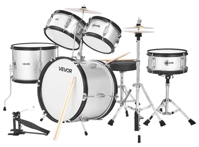 Image de Set de batterie VEVOR, 5 pièces, y compris tambour de basse 40,6 cm, caisse claire 25,4 cm, toms 20,3 cm & 25,4 cm, toms sur pied 33 cm, cymbales crash 25,4 cm & charleston 20,3 cm, pour enfants de 6 à 13 ans argenté
