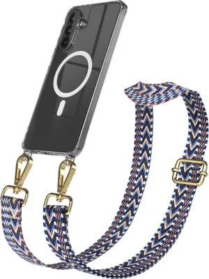 Immagine prodotto di EAZY CASE - Catena per cellulare con cover MagSafe per Samsung Galaxy A56, cinturino per cellulare stile ZigZag, moschettone oro, laccetto da collo in blu